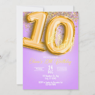 Purple Glitter 10th Birthday Invitation