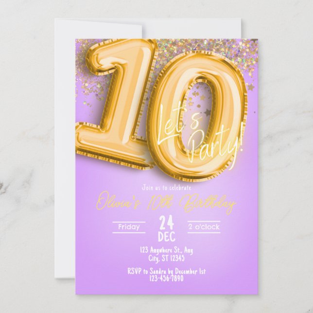 Purple Glitter 10th Birthday Invitation (Front)