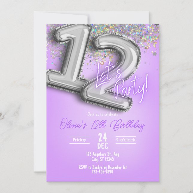 Purple Glitter 12th Birthday Invitation (Front)