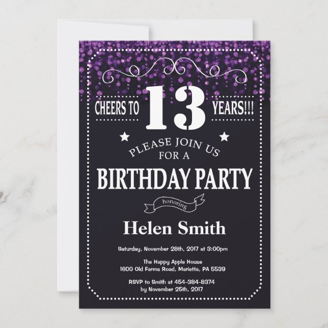 Purple Glitter 13th Birthday Invitation (Front)