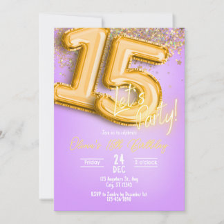 Purple Glitter 15th Birthday Invitation