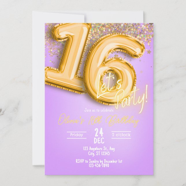 Purple Glitter 16th Birthday Invitation (Front)