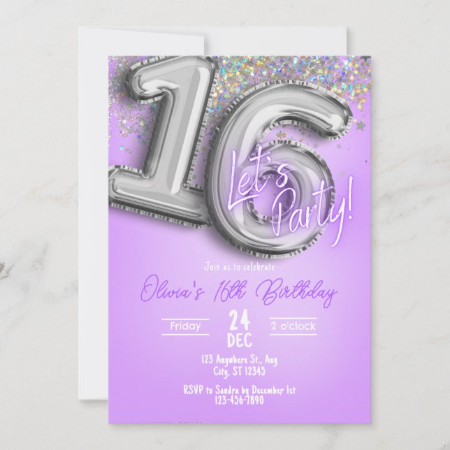 Purple Glitter 16th Birthday Invitation (Front)