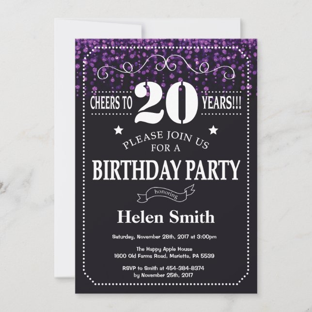 Purple Glitter 20th Birthday Invitation (Front)