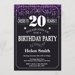 Purple Glitter 20th Birthday Invitation