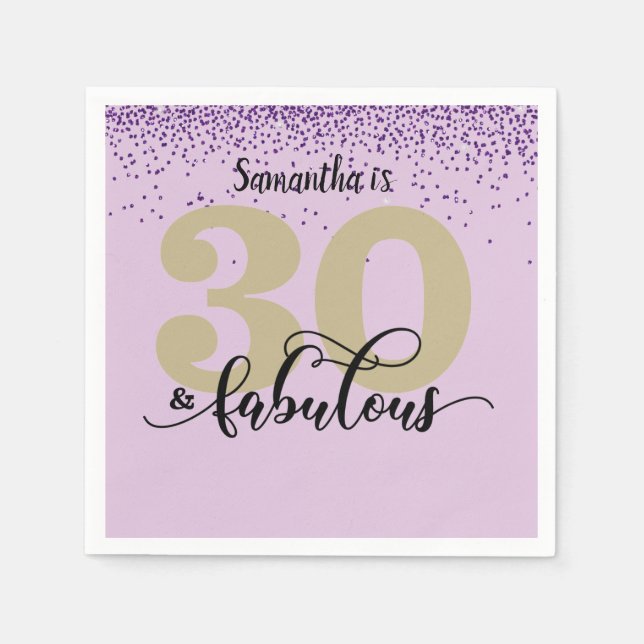 Purple Glitter 30 and Fabulous Birthday Party Napkin (Front)