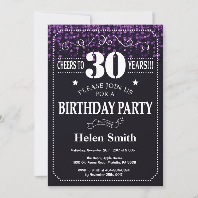 Purple Glitter 30th Birthday Invitation (Front)