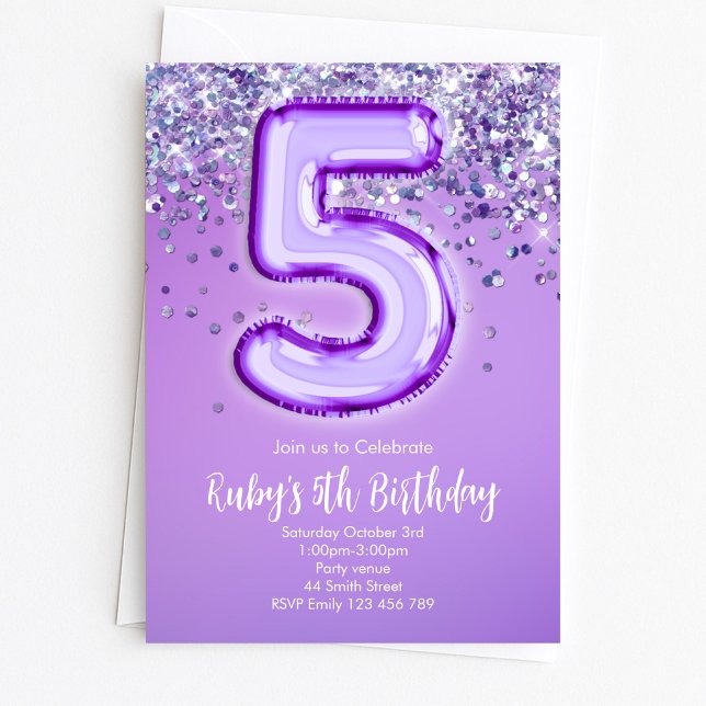 Purple Glitter 5th Birthday Invitation (Creator Uploaded)