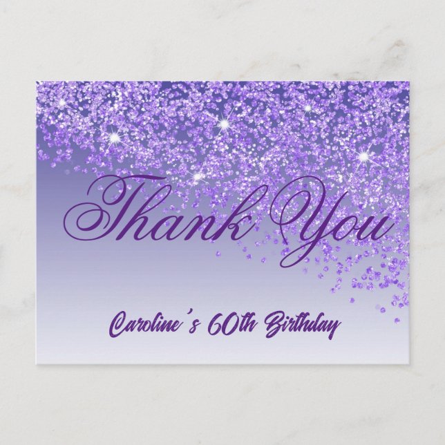 Purple Glitter, 60th Birthday Thank You Postcard (Front)