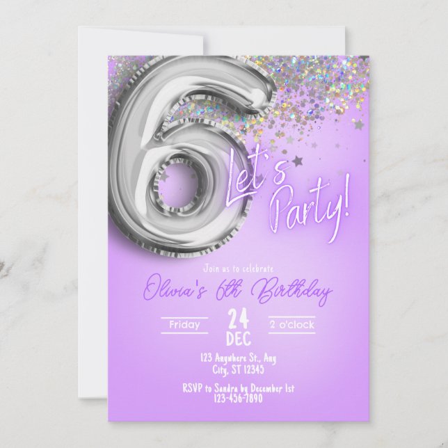 Purple Glitter 6th Birthday Invitation (Front)