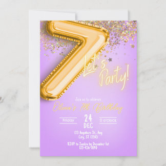 Purple Glitter 7th Birthday Invitation