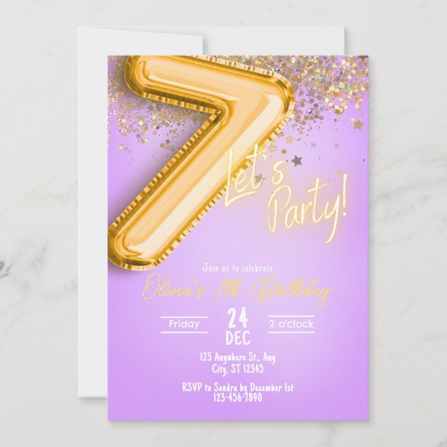 Purple Glitter 7th Birthday Invitation (Front)