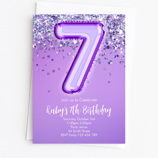 Purple Glitter 7th Birthday Invitation (Creator Uploaded)