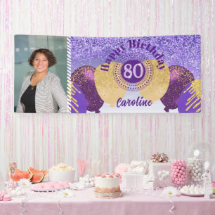 Purple Glitter 80th Birthday & Balloons Banner
