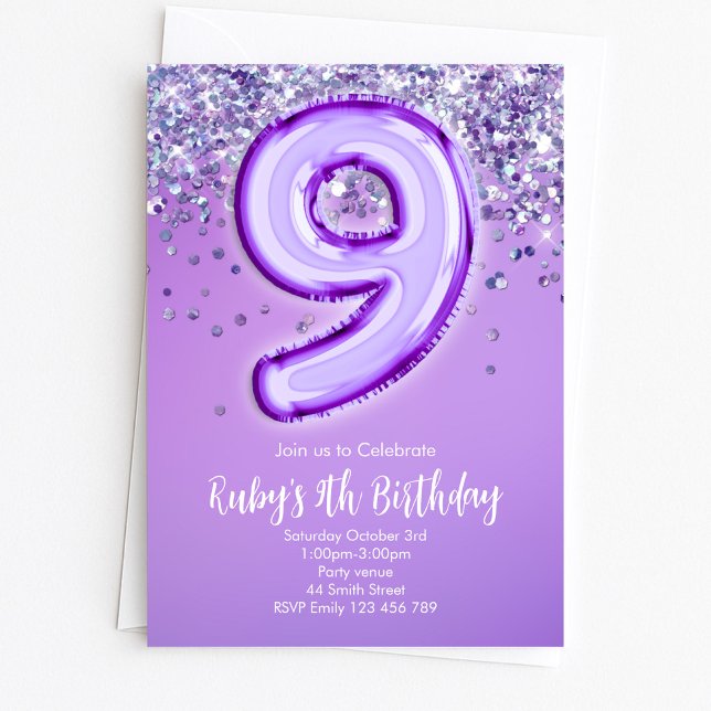 Purple Glitter 9th Birthday Invitation (Creator Uploaded)