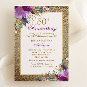 Purple Glitter Amethyst Floral 50th Anniversary Invitation