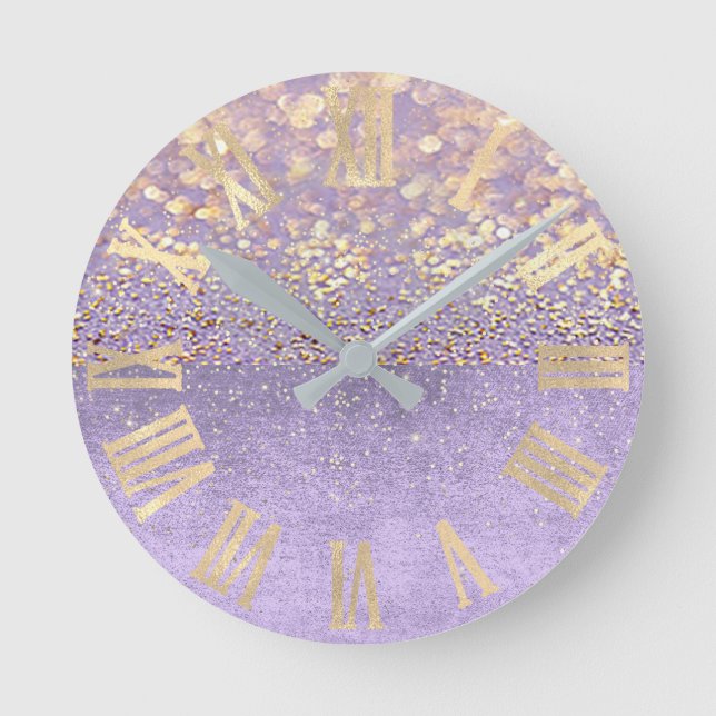 Purple Glitter Amethyst Lavender Confetti Gold Round Clock (Front)