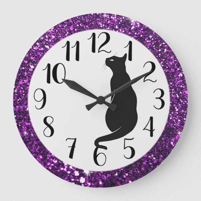 Purple Glitter and Black Cat Large Clock (Front)