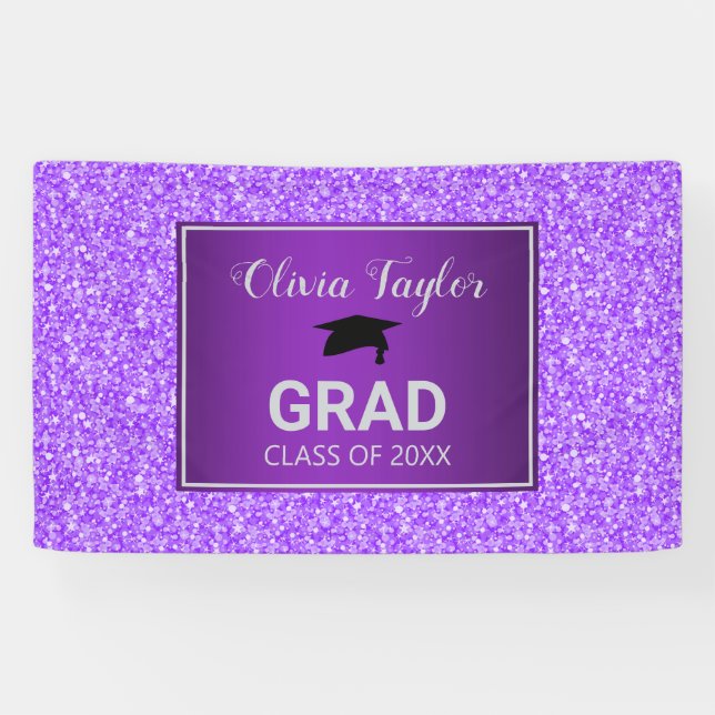 Purple Glitter And Graduate Cap Banner (Horizontal)