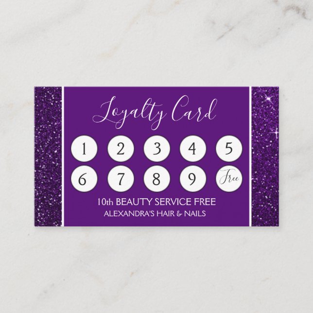 Purple Glitter and Sparkle Girly Loyalty Punch Card (Front)