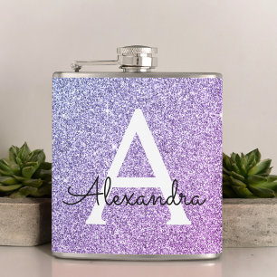 Purple Glitter and Sparkle Monogram Initial Hip Flask