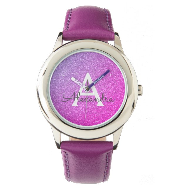 Purple Glitter and Sparkle Monogram Luxury Watch (Front)