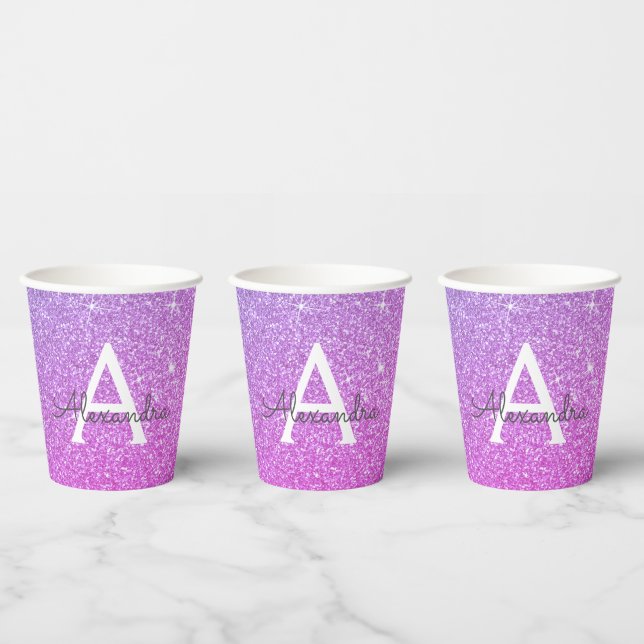 Purple Glitter and Sparkle Monogram Paper Cups (Multi)