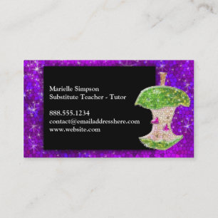 Purple Glitter Apple Substitute Teacher Tutor MUA Business Card