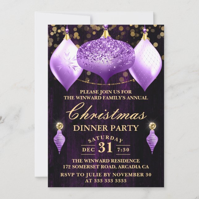 Purple Glitter Baubles Christmas Dinner Party Invitation (Front)