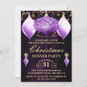 Purple Glitter Baubles Christmas Dinner Party Invitation