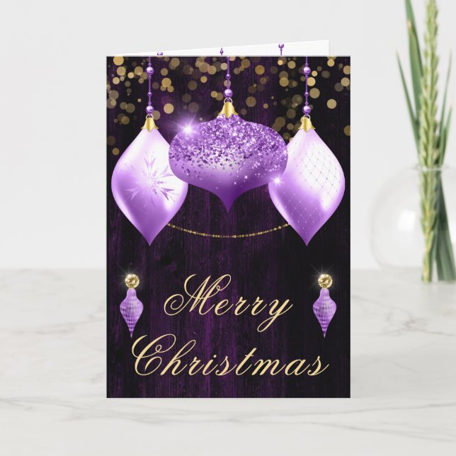 Purple Glitter Baubles Christmas Holiday Card (Front)