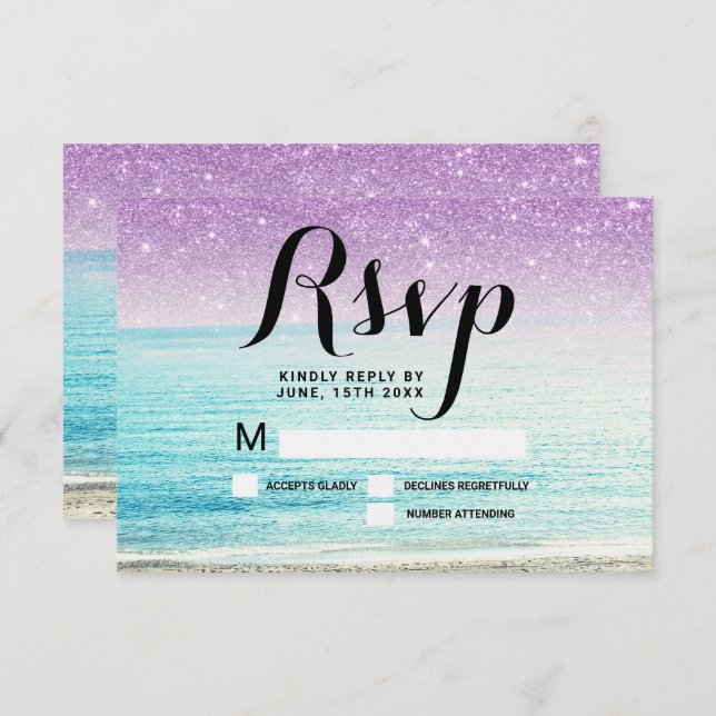 purple glitter beach photo RSVP wedding Invitation (Front/Back)