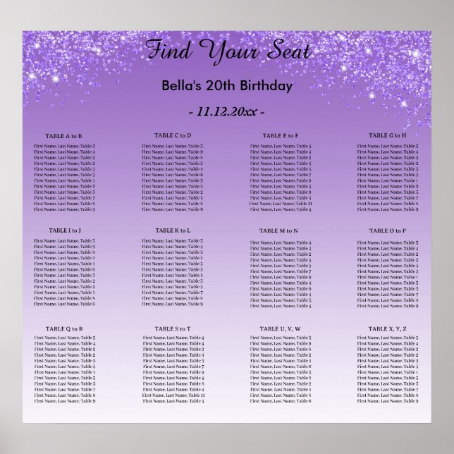 Purple Glitter Birthday Alphabetic Seating Plan Poster (Front)
