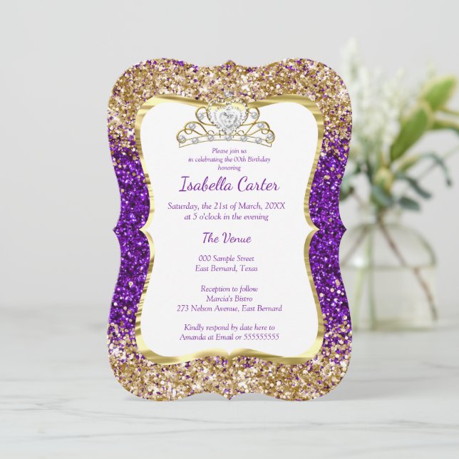 Purple Glitter Birthday Party Gold White Tiara Invitation (Standing Front)