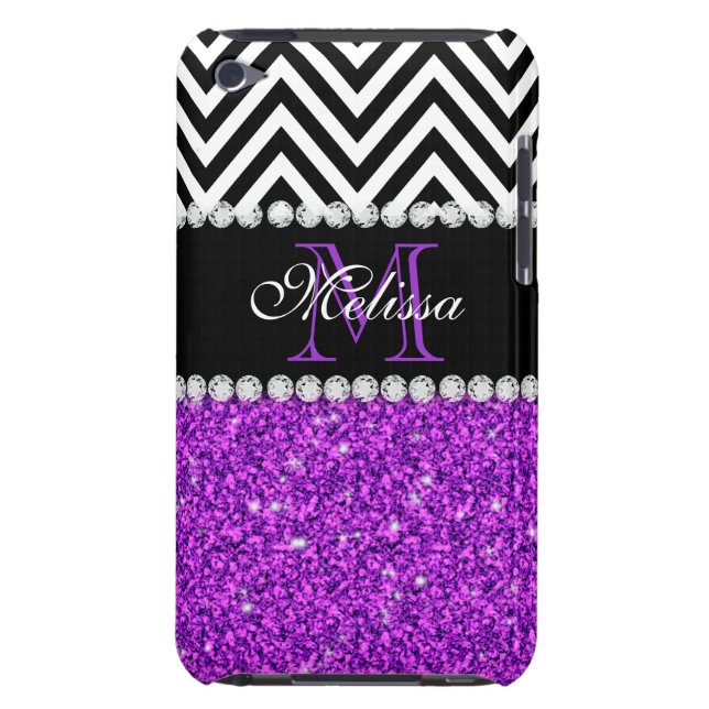 PURPLE GLITTER BLACK CHEVRON MONOGRAMMED BARELY THERE iPod CASE (Back)