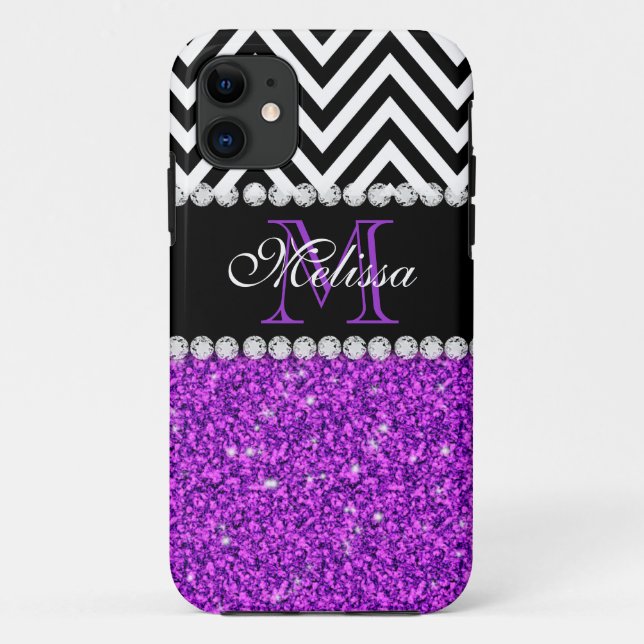 PURPLE GLITTER BLACK CHEVRON MONOGRAMMED Case-Mate iPhone CASE (Back)