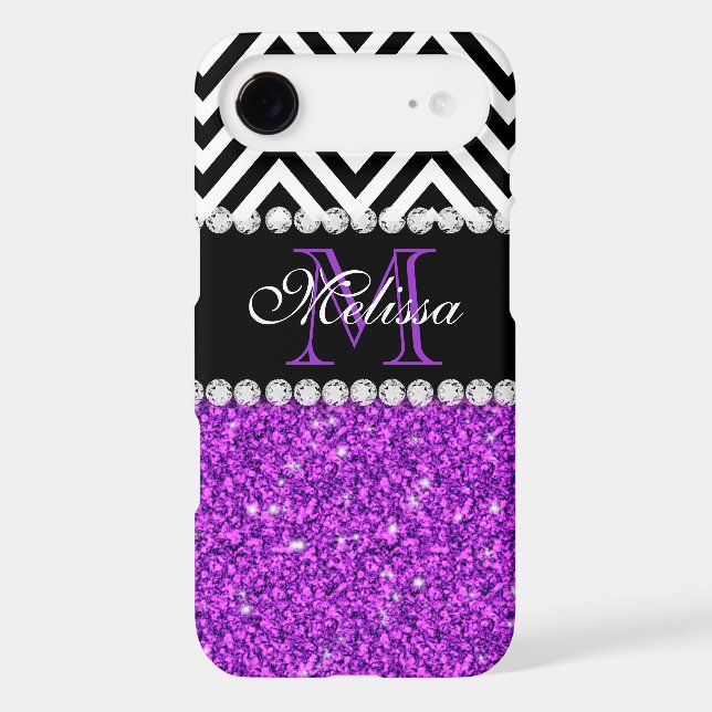 PURPLE GLITTER BLACK CHEVRON MONOGRAMMED Case-Mate iPhone CASE (Back)