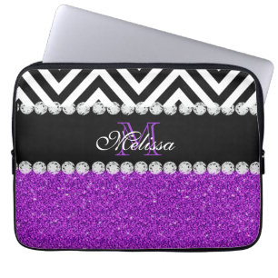 PURPLE GLITTER BLACK CHEVRON MONOGRAMMED LAPTOP SLEEVE