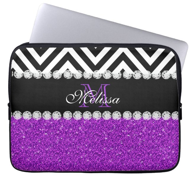 PURPLE GLITTER BLACK CHEVRON MONOGRAMMED LAPTOP SLEEVE (Front)