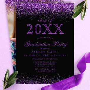 Purple Glitter Black Photo Graduation Invitation