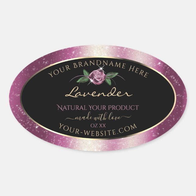 Purple Glitter Black Product Labels Rose Flower (Front)