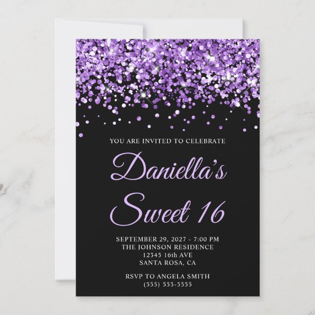 Purple Glitter Black Sweet 16 Invitation (Front)