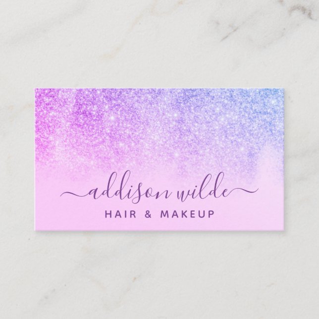 Purple Glitter Blue Modern Makeup Artist Business Card (Front)
