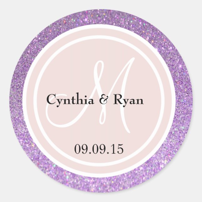 Purple Glitter & Blush Pink Wedding Monogram Classic Round Sticker (Front)
