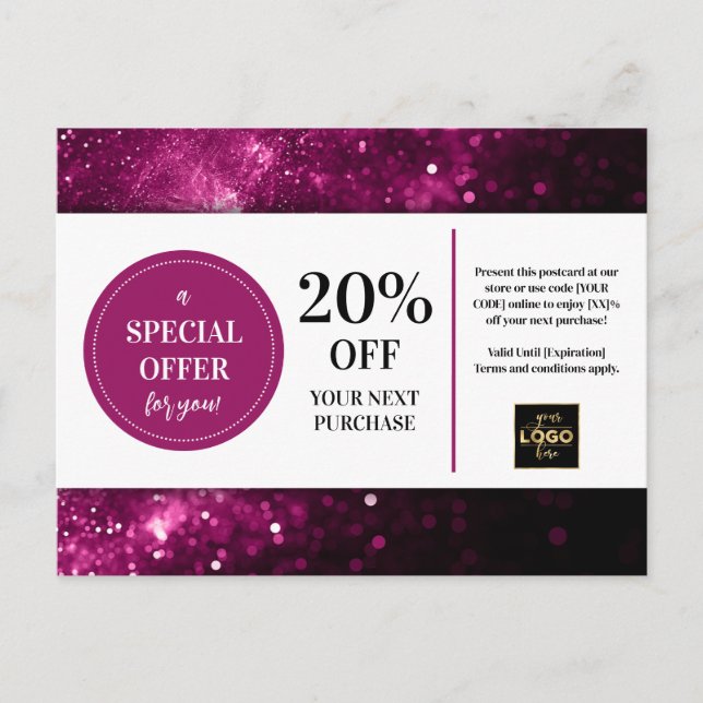 Purple Glitter Bokeh Coupon Discount Postcard (Front)