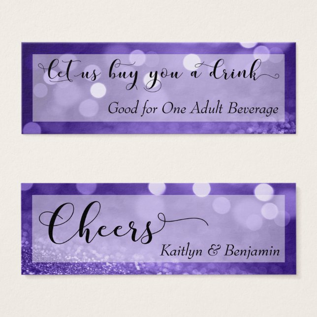 Purple Glitter Bokeh Script Mini Drink Ticket (Front & Back)