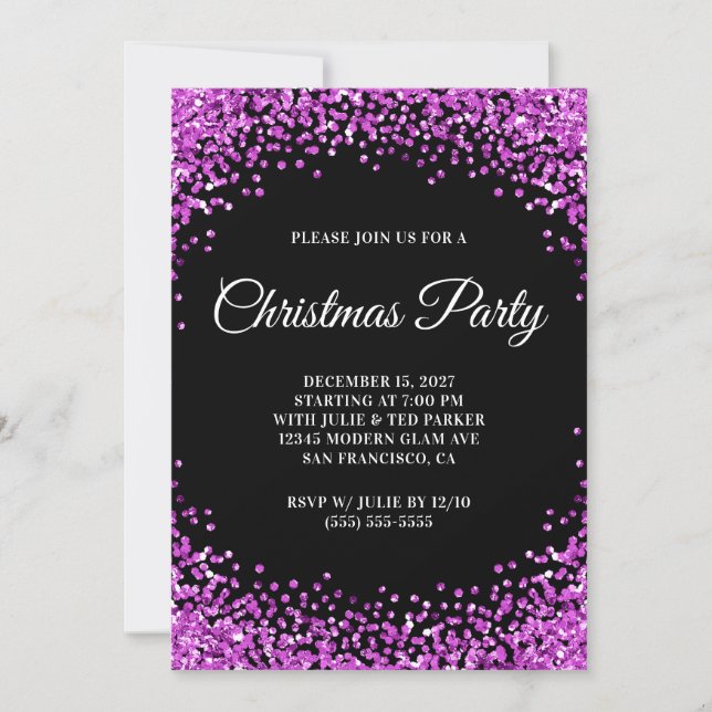 Purple Glitter Border Black Christmas Party Invitation (Front)