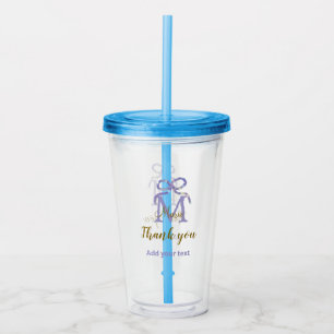 Purple glitter bow add name letter monogram thank acrylic tumbler
