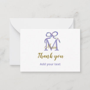 Purple glitter bow add name letter monogram thank card