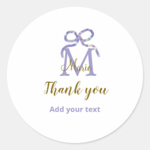 Purple glitter bow add name letter monogram thank classic round sticker